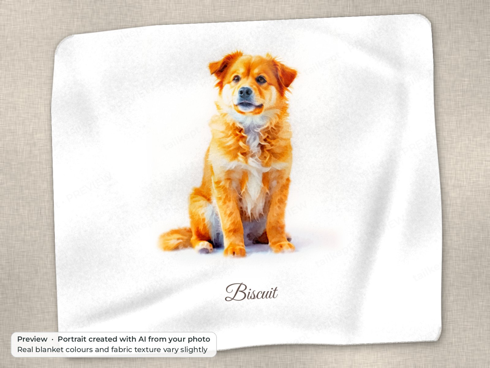 Example: watercolor portrait of a dog on a 50x60 blanket preview (AI-generated example pet, computer-drawn blanket)